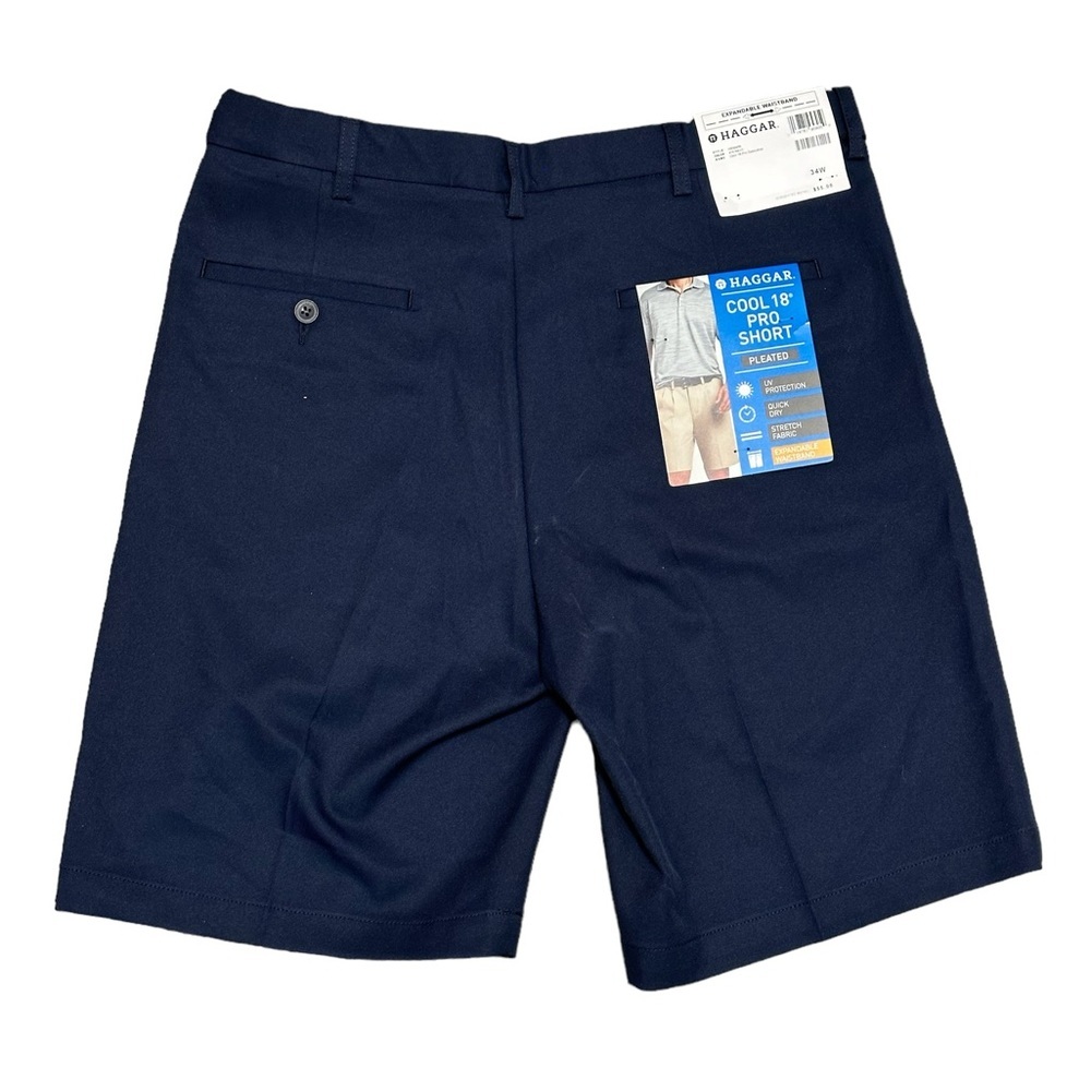 Men's Haggar 34 Medium Chino Khakis Shorts Navy Blue Elastic Waist Golf Pleated - Picture 4 of 8